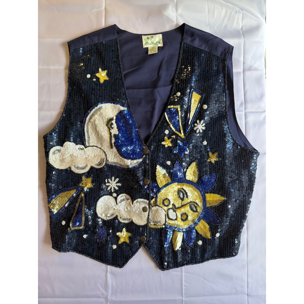Quacker Factory Sequin Celestial Vest 3x Plus Blue Sun Moon Star Design